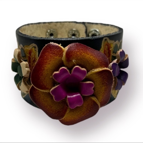 Leather Artisan Handmade Flower Women's Bracelet Fuchsia Orange - Picture 3 of 11